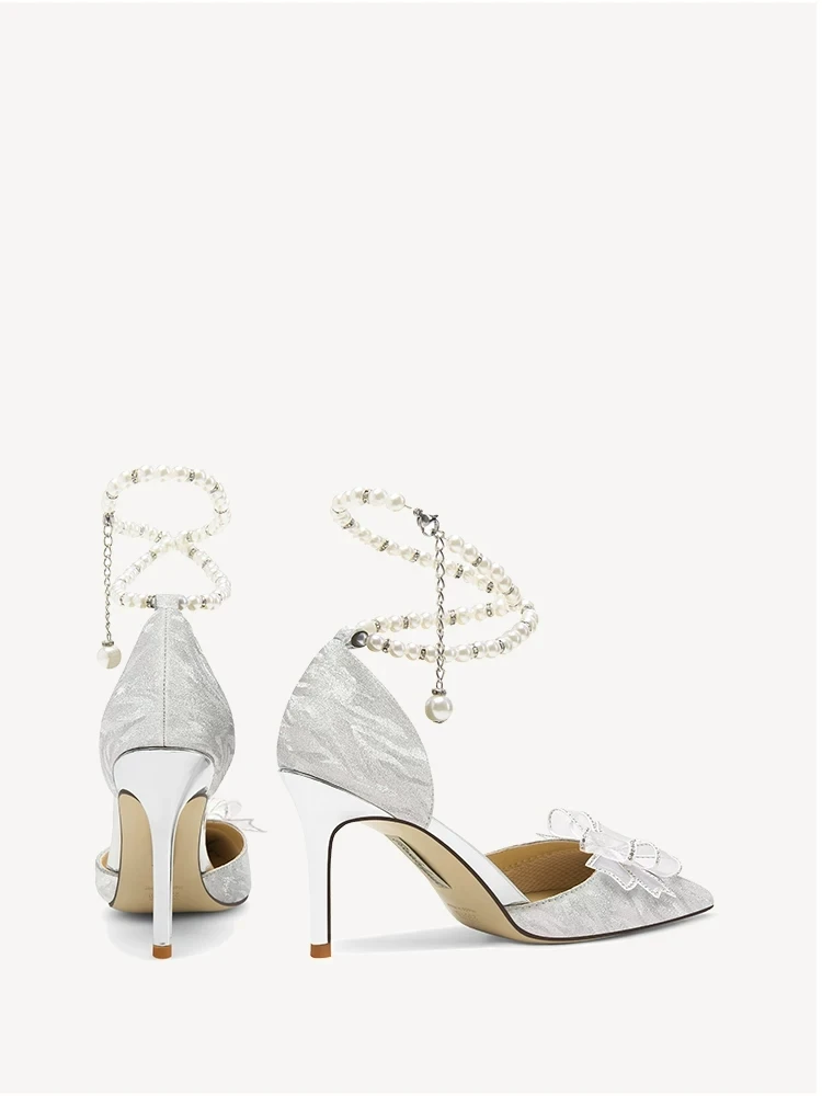 Summer new pointed sequin rhinestone butterfly pearl wedding shoes banquet large size small size slim high-heeled women's sandal