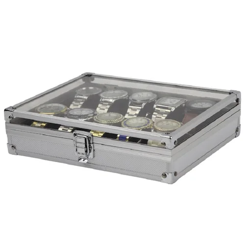 VANSIHO relojes de aluminio 6/10/12 rejillas maleta con ventana de vidrio almacenamiento de relojes caja de aluminio organizador de caja de reloj para hombres