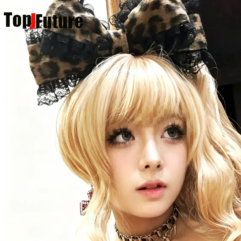 Women Alternative Y2K Hime Style Lolita Sweet Girl Oversized Kitty Bows Leopard Print Lace Ruffle Hair Band Subculture Hairpin