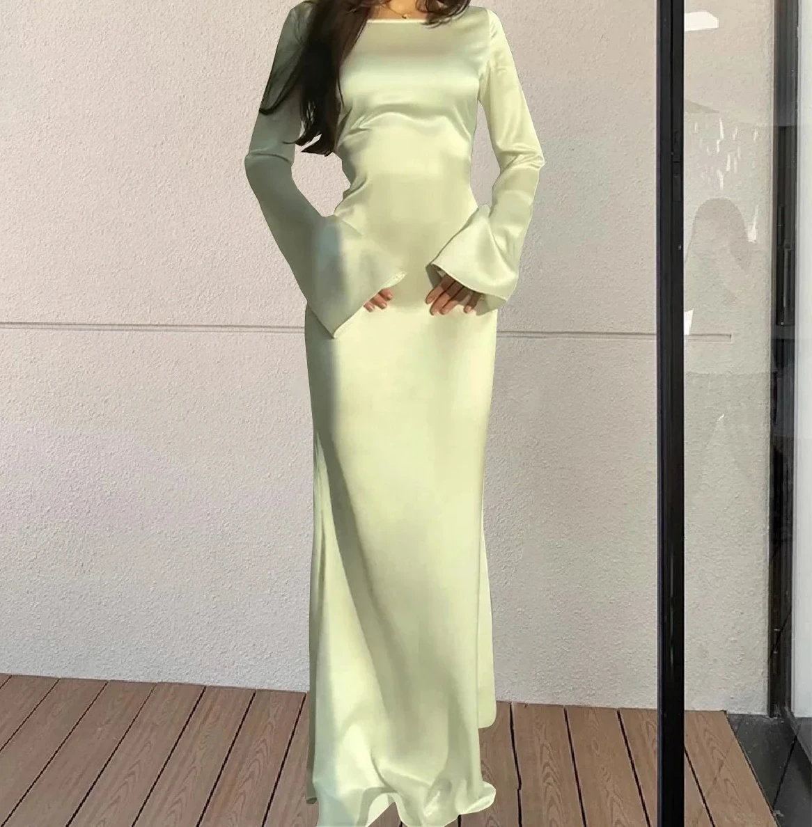 فساتين طويلة أنيقة جديدة موضة خمر بسيطة مستديرة الرقبة الساتان مضيئة كم الدانتيل يصل سليم مساء فستان المرأة مثير #1