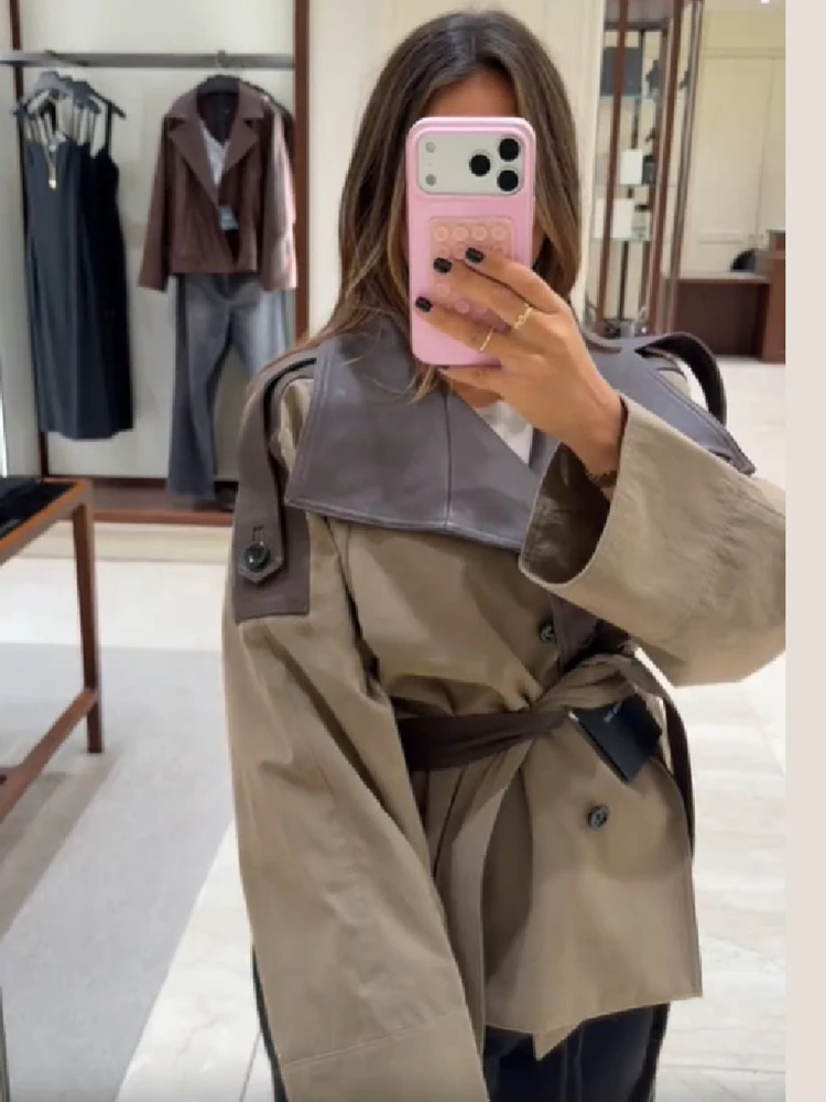 Damen Kurzer Trenchcoat aus Kunstleder mit Gespleißten Schulterklappen, Gürtel in der Taille, Locker Geschnittene Khaki Kurze Jacke, Vintage 2026 Damen Oberbekleidung – Detail 7