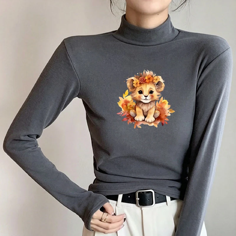 Winter Women's Thermal Brushed Fleece Half Mock Neck Long Sleeve T Shirt Baby Lion Autumn Leaves Graphic Warm Tee