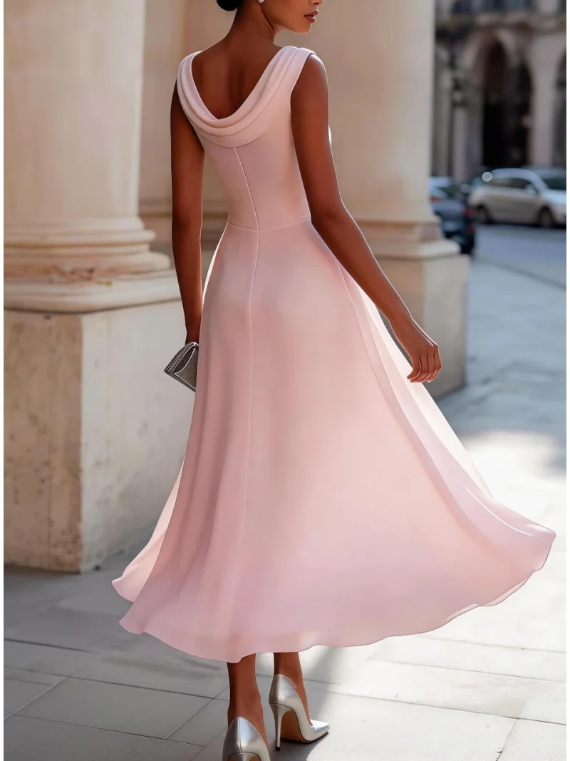 Women's Sleeveless Cowl Neck A Line Chiffon Midi Dress for Cocktail Party and Wedding Guest