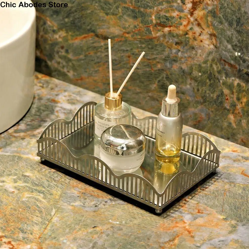 

Elegant Jewelry Display Plate Hollowed-out Exquisite Metal Storage Tray with Glass Mirror Large Capacity Rectangular