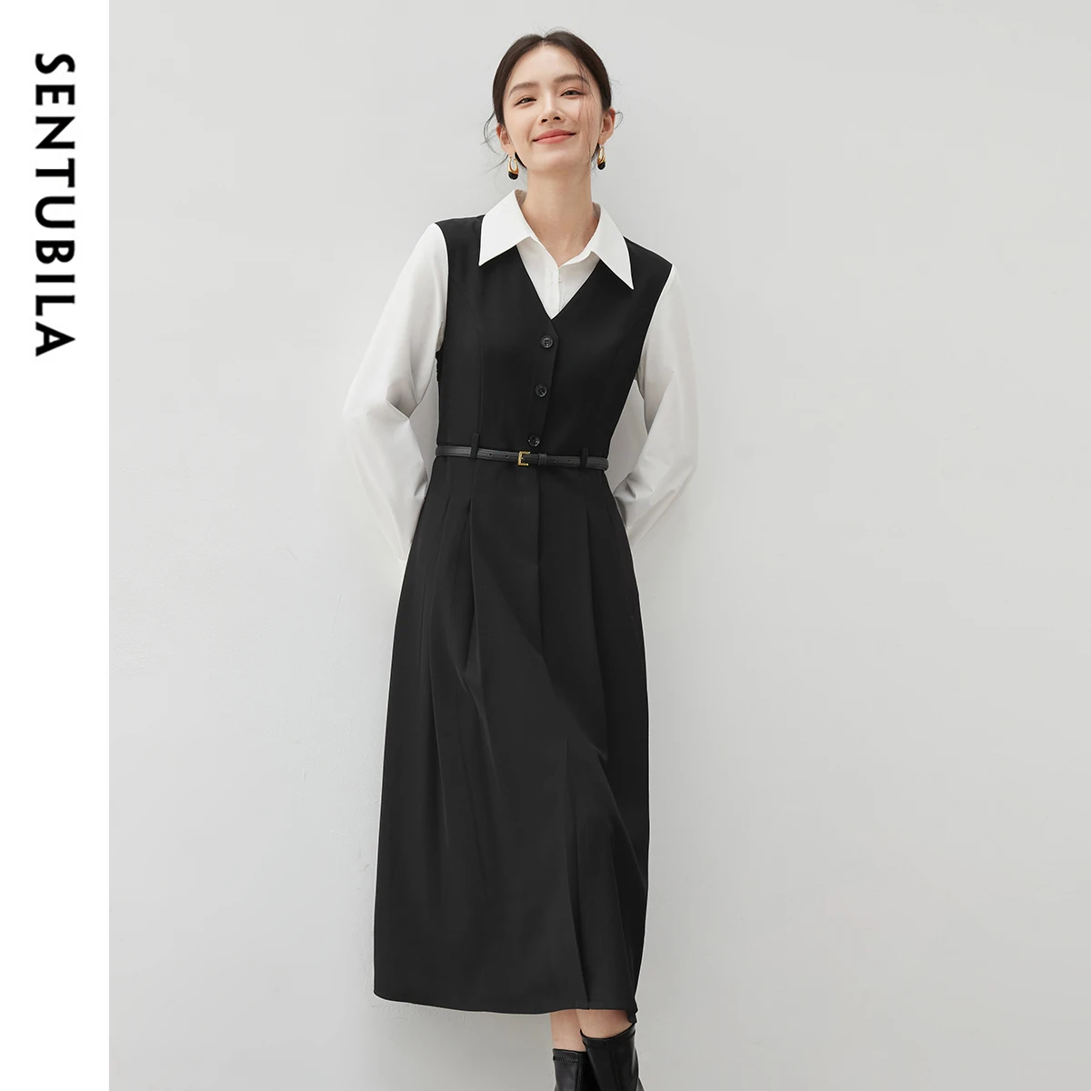 

SENTUBILA Patchwork A-line 2 In 1 Dresses For Women 2025 Autumn Spring Turn Down Collar Long Sleeve Sashes Women Dress 143L56751