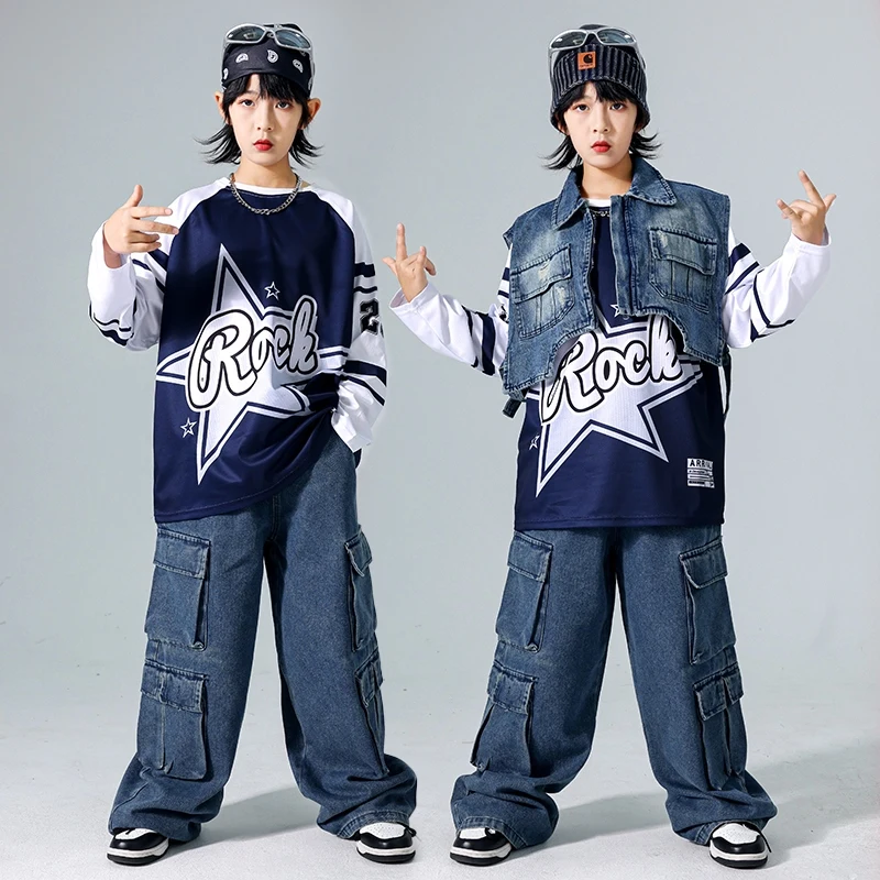 Street Dance Kostuum Jongens Denim Hip Hop Broek Kinderen Jazzdans Slijtage Oversize Tops Cool Stadium Pak Danser Team Kleding AMY1325