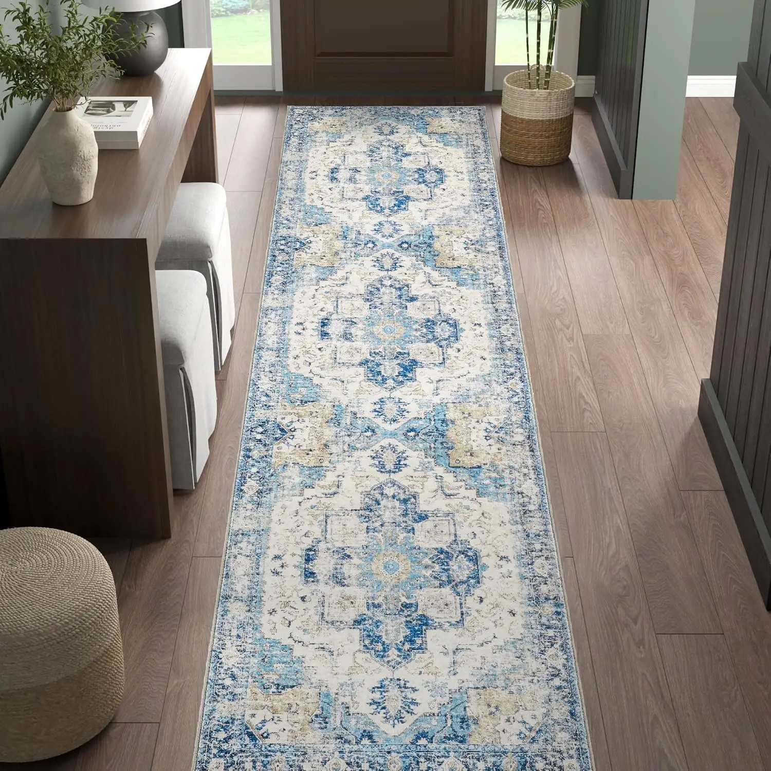 VIKAMA Bohemian Runner Rug Anti-Slip Lightweight Corridor Kitchen Floor Mat Retro Bedroom Carpet Home Decoration
