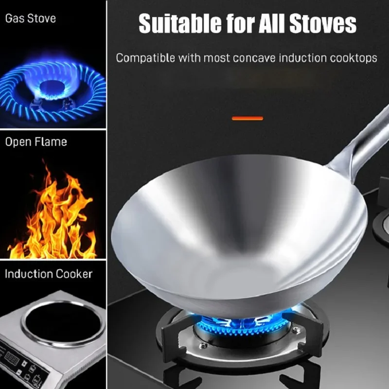 

430 Stainless Steel Frying Pan Chinese Handmade Wok Thick Non-stick Uncoated Round Bottom Household Pot Gas Cookware Cooking Wok