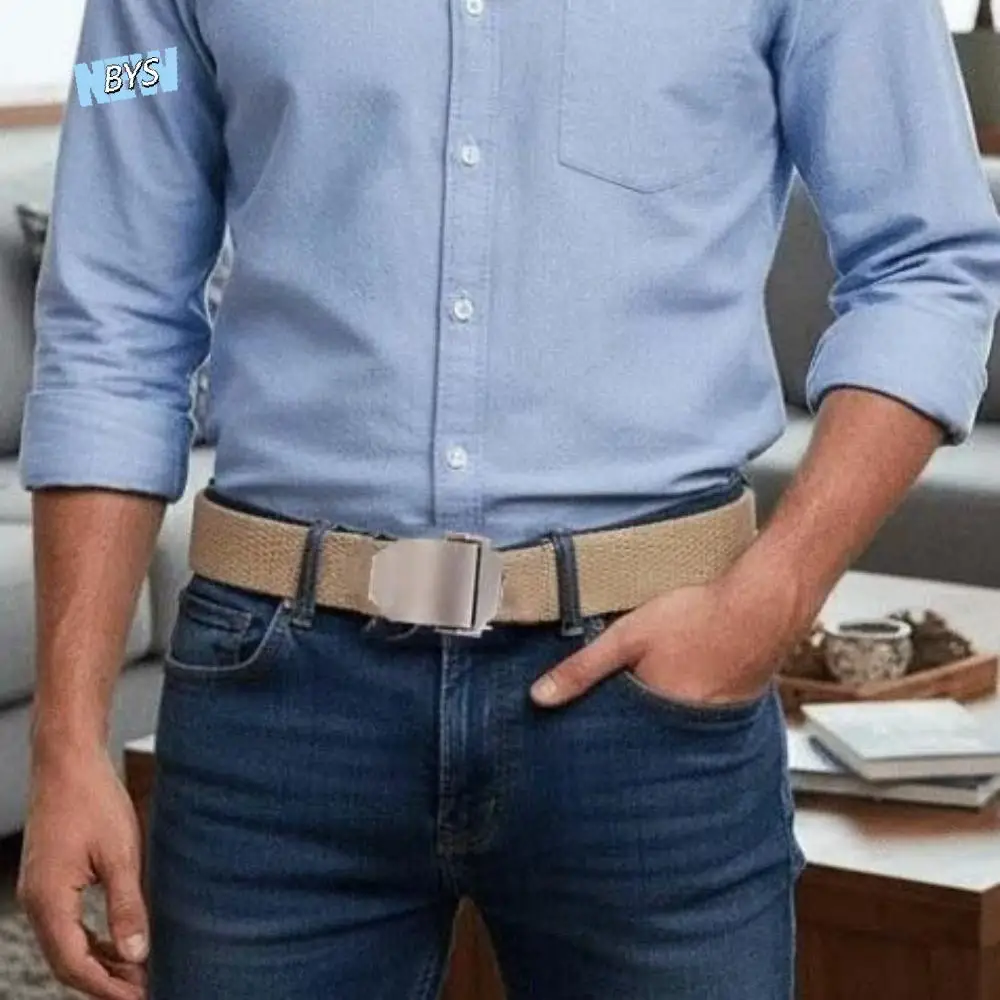

Classic Adjustable Men Weaving Belt Alloy Texture Canvas Waistband Durable Automatic Buckle Sturdy Cloth Belt Boys