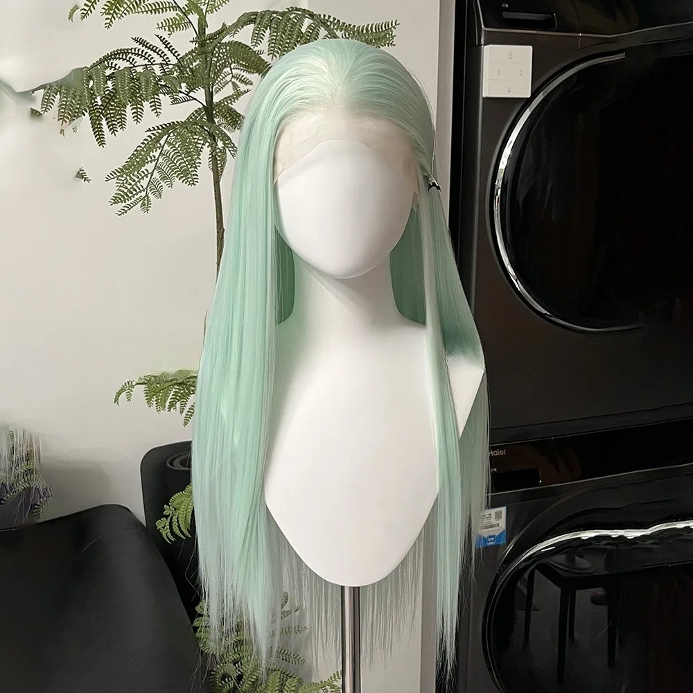 28 cali jasna mięta jasnozielona ręka hak czoło europa i ameryka 13x4 koronkowa peruka kobieta pełny zestaw słuchawkowy peruka do cosplay