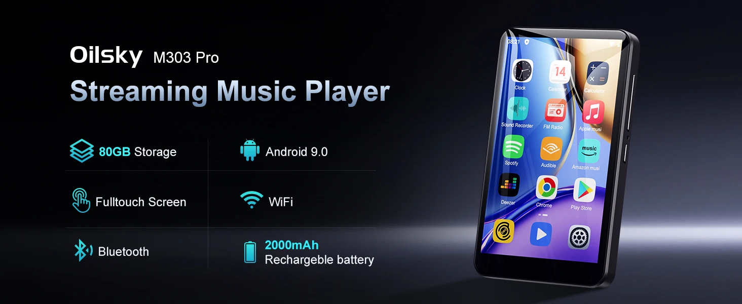 16GB/80GB MP3 Player Android 9.0 with Bluetooth and WiFi, 4.0-inch with speakers, FM radio, eBooks, capacity up to 512GB