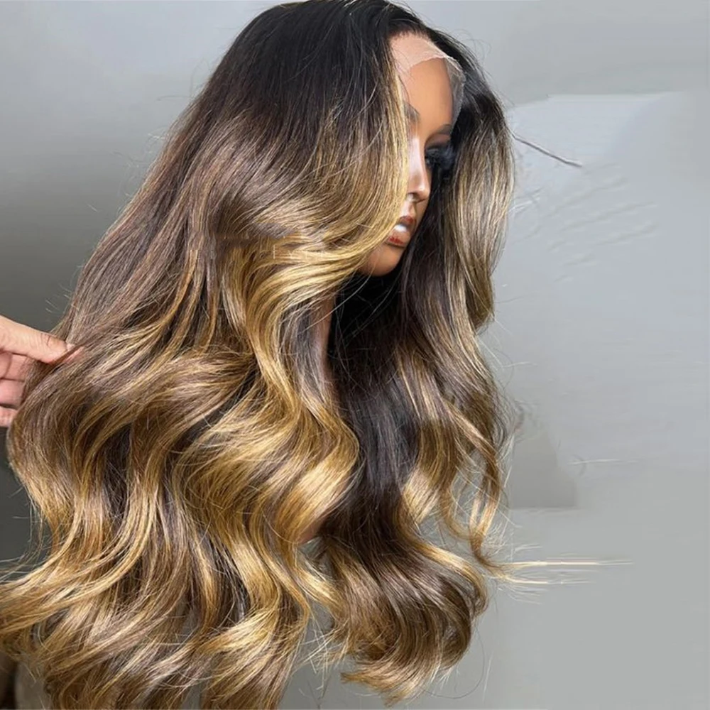 Middle Part Golden Blonde Highlights Wavy Lace Front HD Lace Wig with Natural Dark Roots Long Wavy Women's Wig Heat Friendly