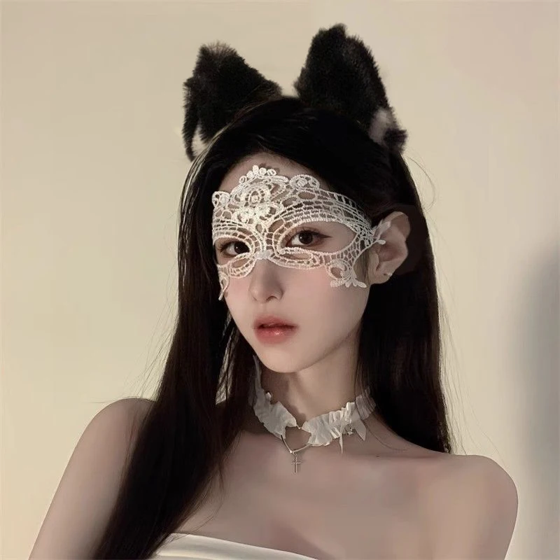 Juego de 3 unidades de diadema de encaje para mujer, collar de orejas de gato, máscara de ojo, Sexy, conejito, Cosplay, fiesta, accesorios para máscara facial, club nocturno