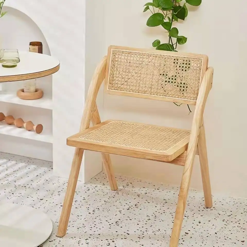 Nordic solid wood rattan chair retro rattan chair cafe dining chair, folding armless rattan chair