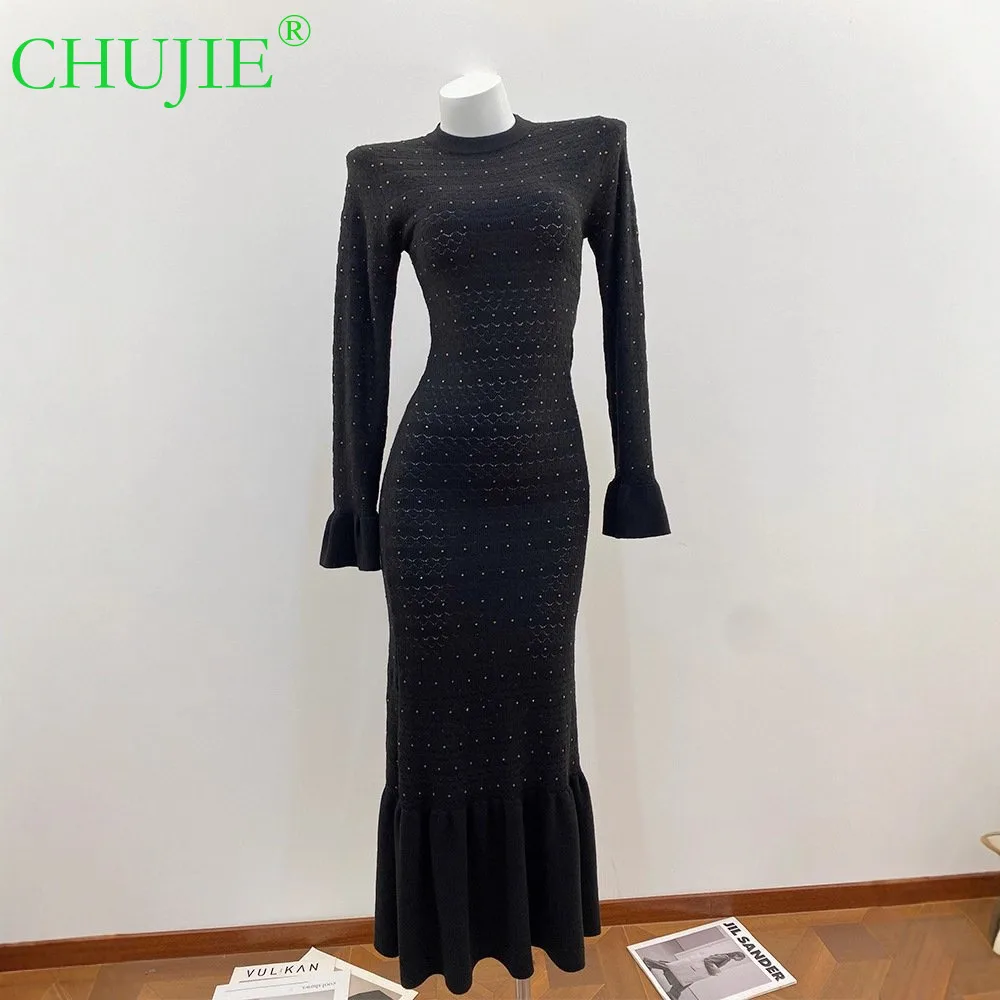 

CHUJIE Autumn/winter New Ruffled Hollowed-out Heavy-duty Rhinestone-embellished Crocheted Figure-hugging Knitted Long Dress