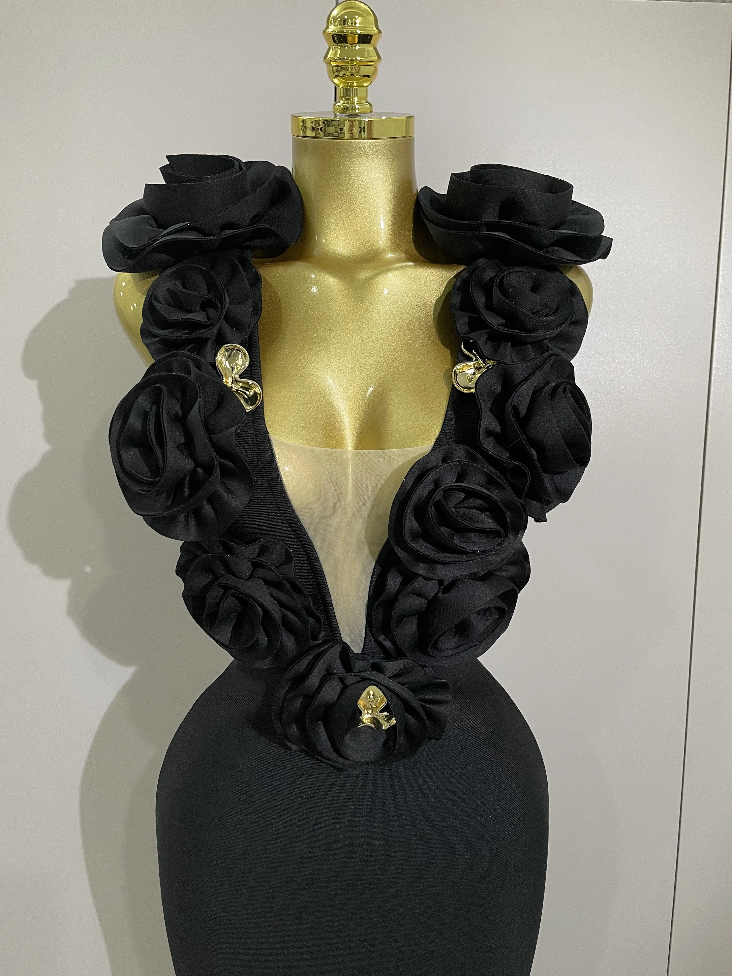 2025 Sexy mode noir 3D fleur sans manches moulante longue robe de pansement femmes célébrité élégante fête d'anniversaire robe robes