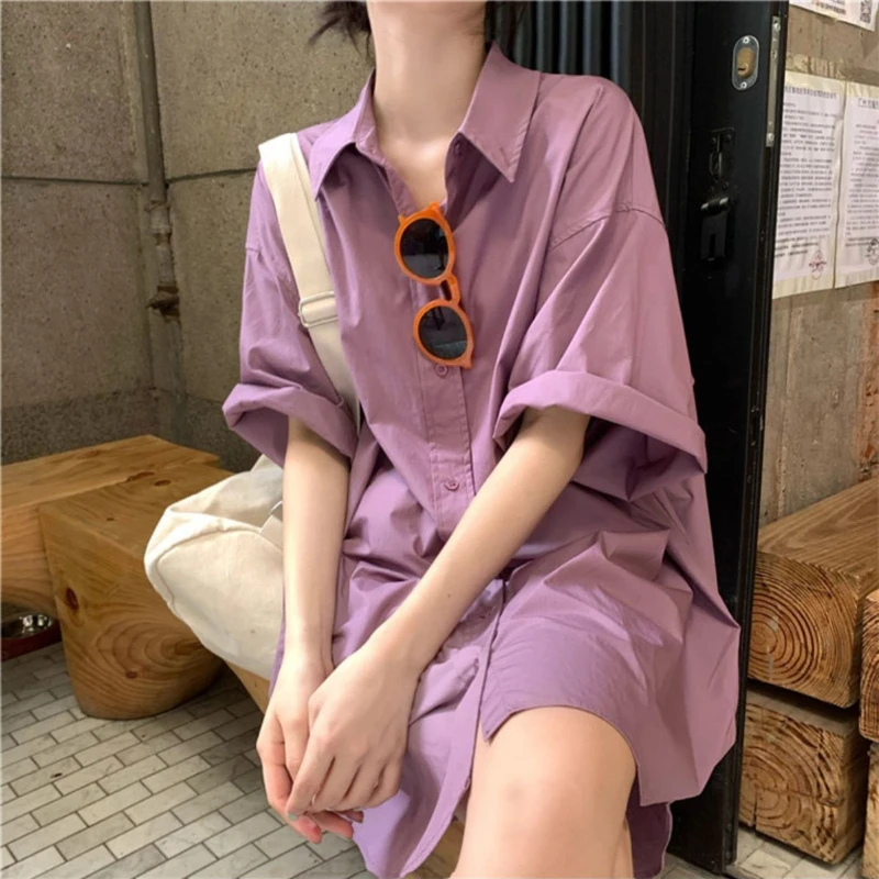 DAYIFUN Hong Kong Style Solid Shirts Women's Summer New Loose Oversized Lining Dress Versatile Short Sleeved Mid Length Blusas