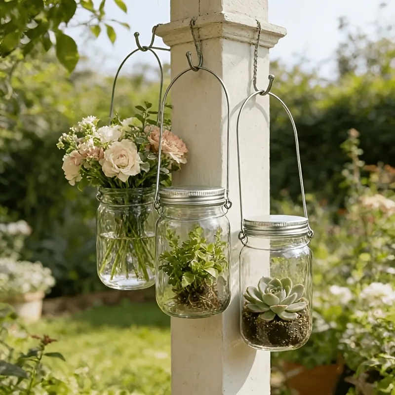 3/5/8/10Pcs Plastic Mason Jars with Hooks,Hanging Decorative Jars, Outdoor Garden Patio Porch Atmosphere Hanging Ornaments