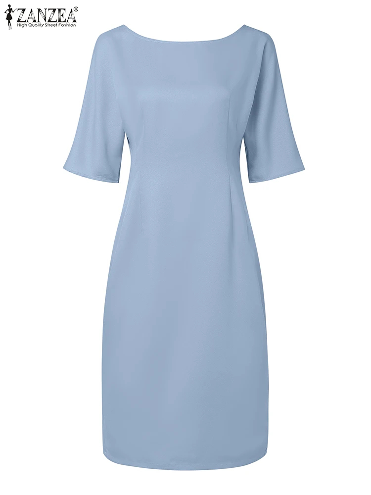 

ZANZEA Boatneck V-Back Elegant Tight Dress Commuting Office Woman Textured Half Sleeve Robes Femme Slim-Fit Fashion Midi Dresses