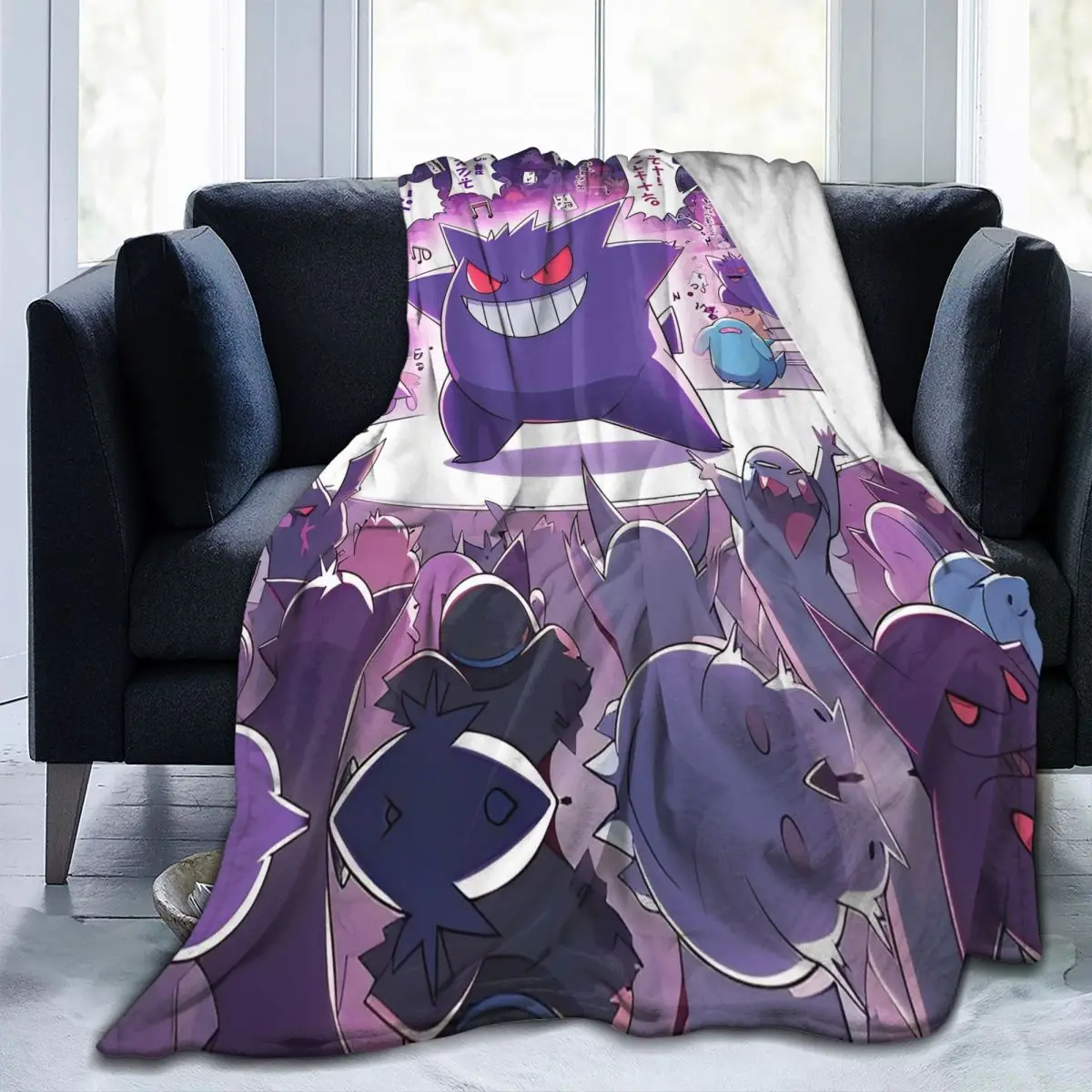 Pokemon Gengar Japanese Anime Couverture Chaude et Douce en Peluche Imprimée pour Bol et Garçons, Couvre-Lit en Goutte pour Chambre à Coucher