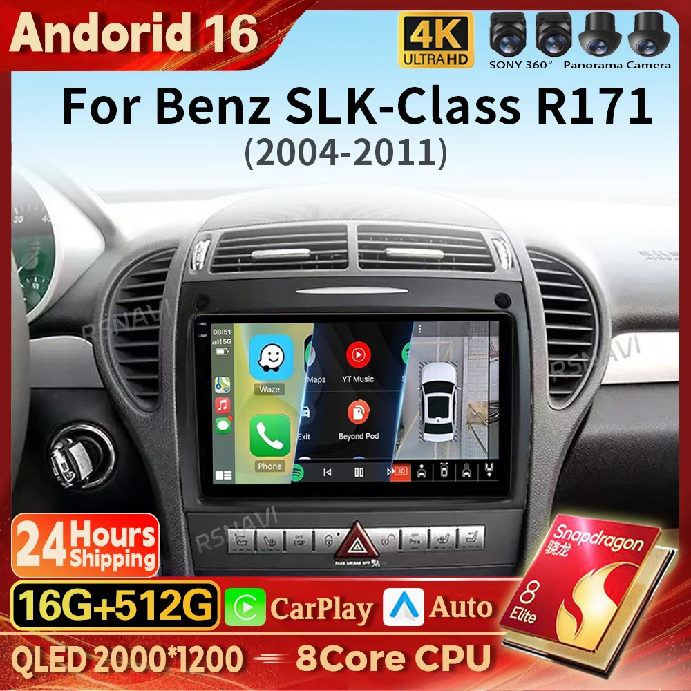 Qualcomm 16G - 512G Android 16 Carplay Auto Multimedia Player para Mercedes-Benz SLK-Class SLK Class R171 2004 - 2011 Rádio Automotivo