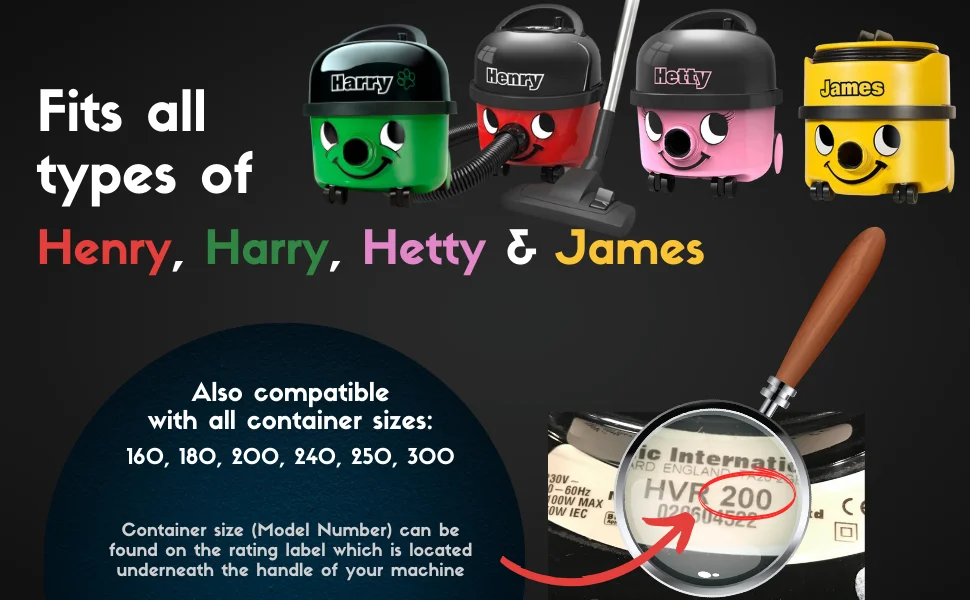 Vacuum cleaner accessories in various colors with smiling faces. Text indicates compatibility with Henry, Harry, Hetty &amp; James models and container sizes.