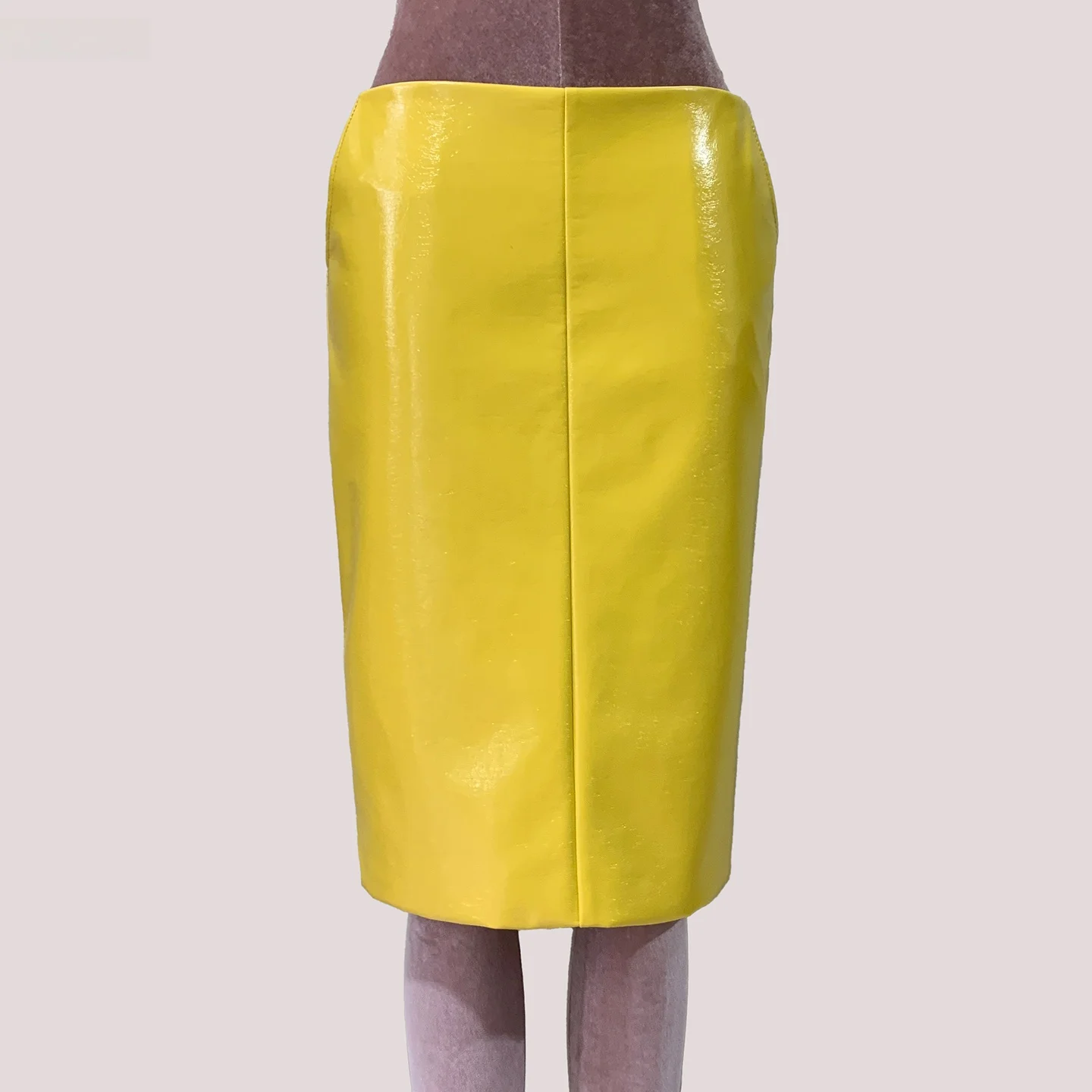 Nerazzurri Yellow PU Leather  Skirt Women's Summer New Style Half-length Slimming Wraparound Skirt with Back Split