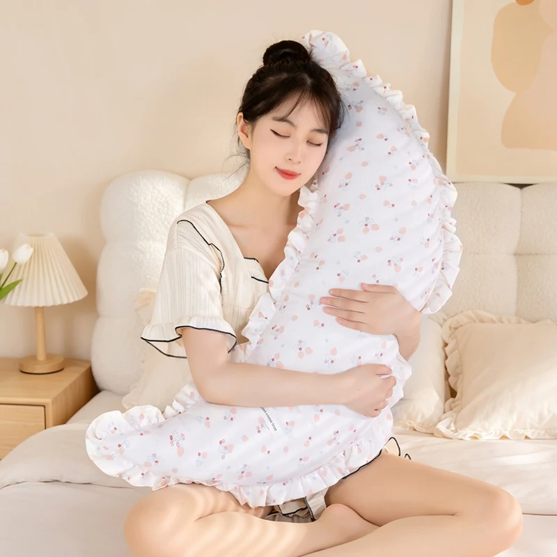Floral Crescent Pillow Ruffled Lace Moon Shape Cushion Soft Printed Fabric Waist Support Pillow For Bed Sofa Sleeping Decor