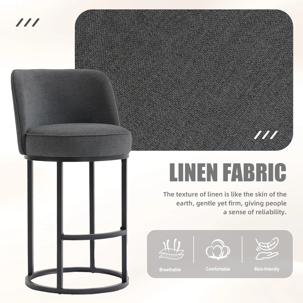 Orraves Counter Height Bar Stools Set of 2, Modern Barrel Counter Stools with Backrest, Linen Fabric Upholstered Accent Bar Stools for Kitchen Island