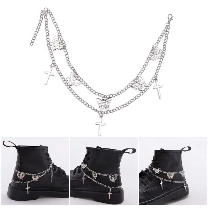 Harajuku Boot Chain Girl Punk Cross Butterfly Charm Side Chain On Shoe Boot Jewelry Double Layer Cool Aesthetic Chain Daily Wear