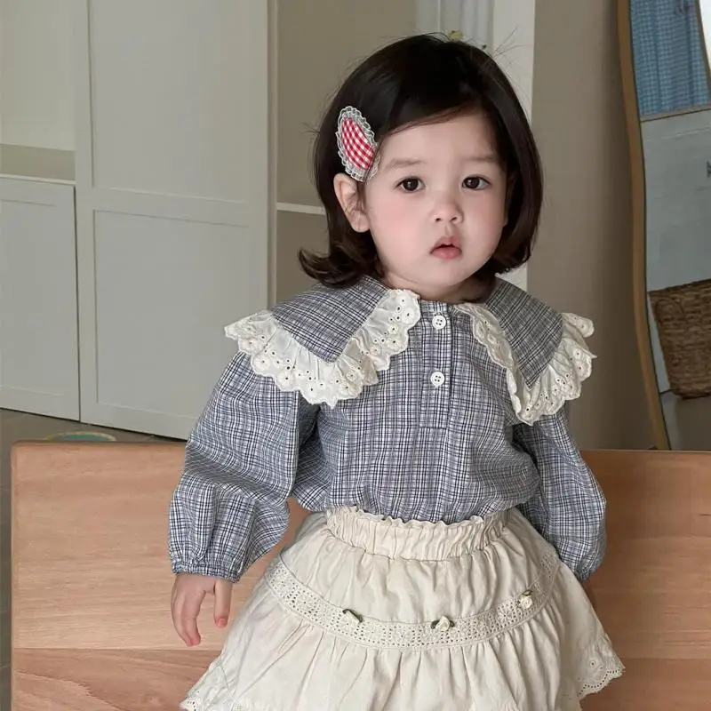 

2025 Autumn New Girls Long Sleeve Large Lapel Plaid Shirts Cotton Children Casual Tops Infant Girl Loose Blouse Baby Clothes