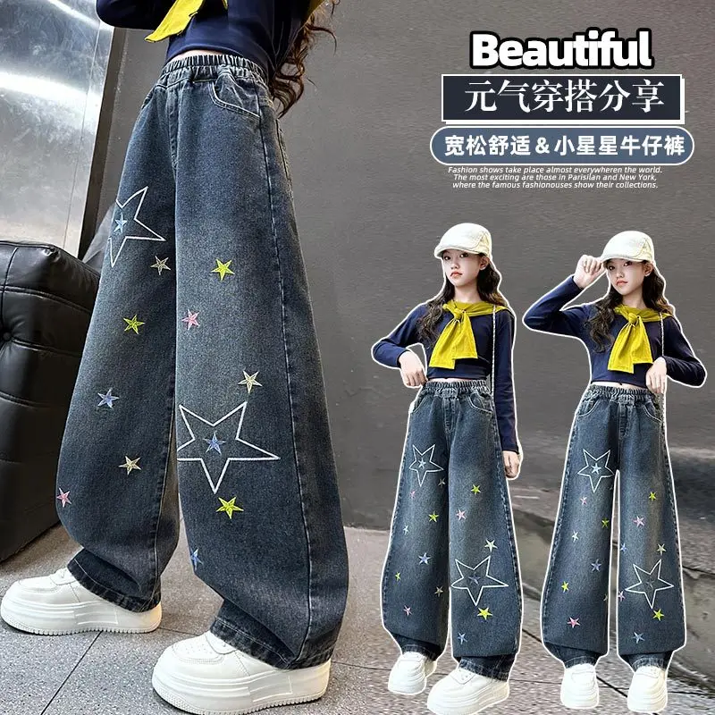 

Fashion Girls Jeans Spring Autumn New Five-Pointed Star Embroidery Straight Leg American Streetwear Loose Wide Leg Denim Pants