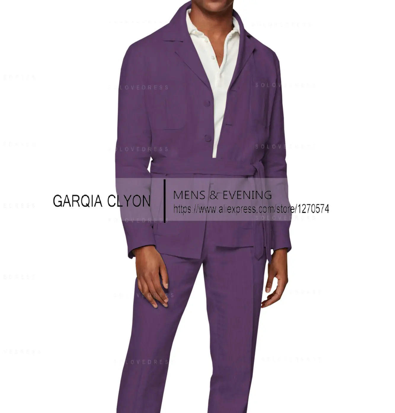 New 2 Pieces Linen Men's Suits With Belt Tuxedo Summer Casual Style Groomsmen For Wedding(Blazer+Pants)