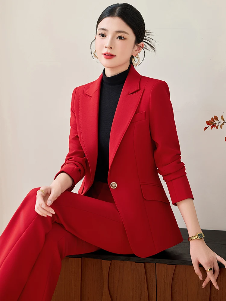 

Pink Coffee Black Red Ladies Formal Pant Suit Women 2 Piece Set Female Business Work Jacket Blazer and Trouser