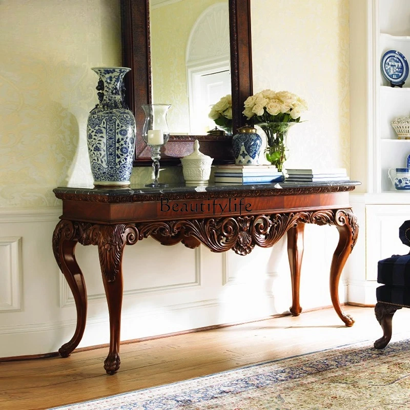 

All solid wood entrance table villa large European carved foyer table