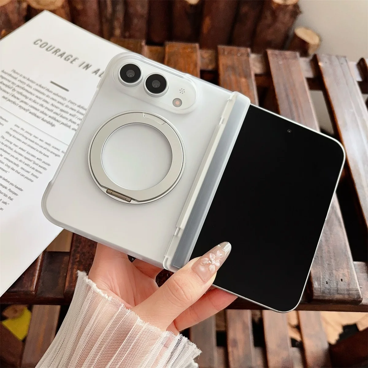 For iPhone Duo 5G Case Ultra-Thin Matte Transparent Magnetic 360 Rotating Holder Hinge Folding Shockproof Back Cover Accessories
