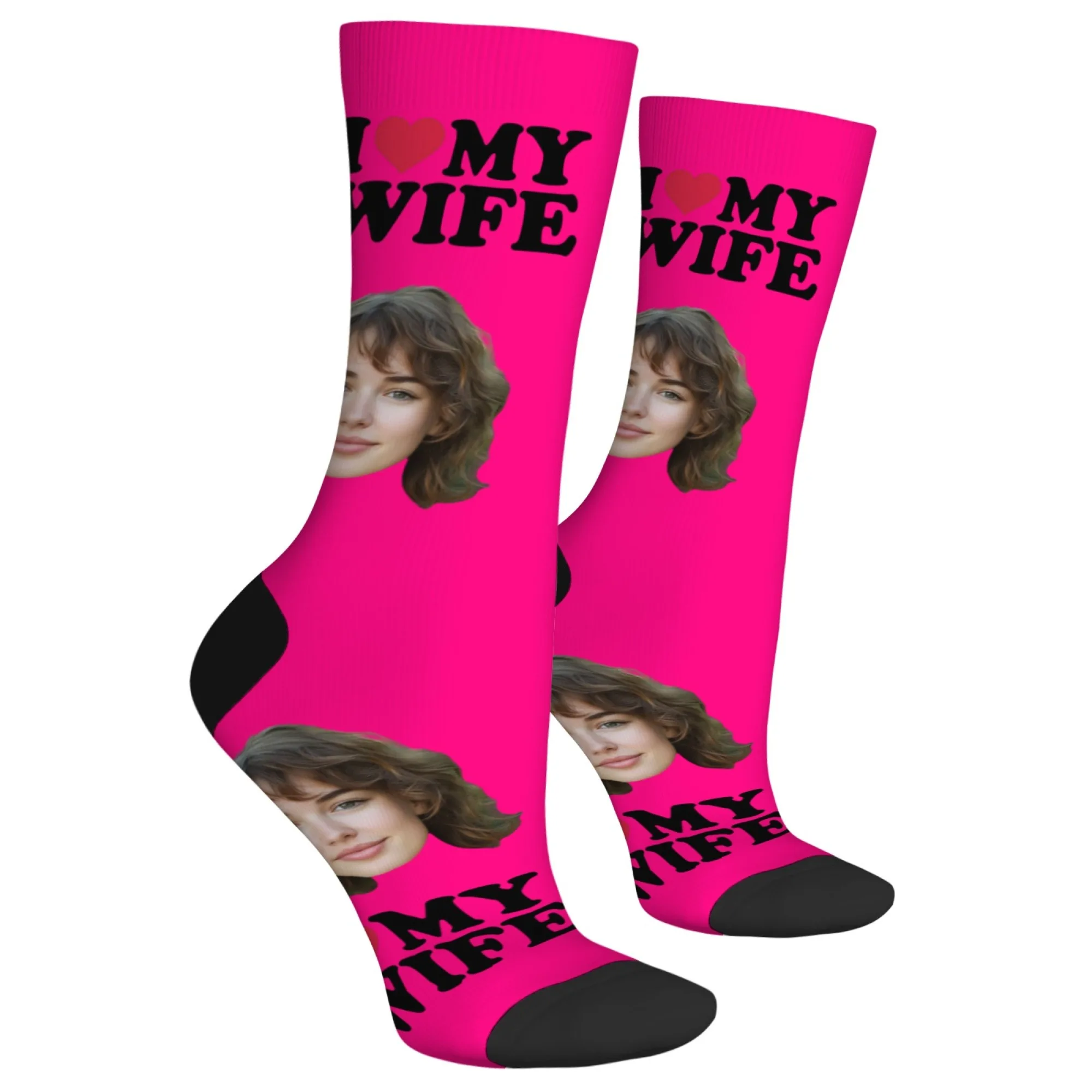 男性用カスタムフェイスソックス 愛の記念日「I Love MY WIFE」ダークピンクデザイン 恋人カップルのお祝いやギフトに最適