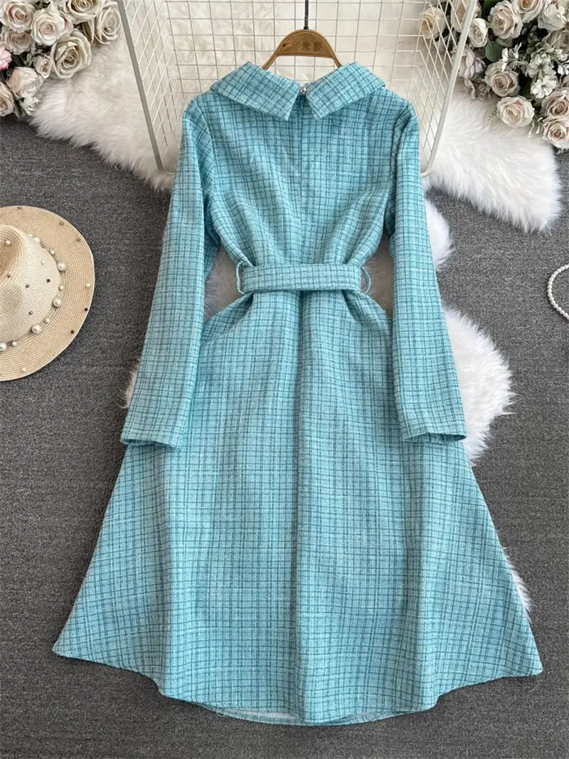 Lapel Bow Spliced Tweed Dress Elegant Belt Luxury Women Autumn Winter Vestidos Vintage Simple Casual Office Party Dress z4571