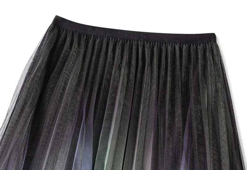 Fashion Gradient Two Layers Gauze High Waisted Mesh Skirt Women Slim Casual Pleated Design Sagging Sensation Lady Pleated Skirt