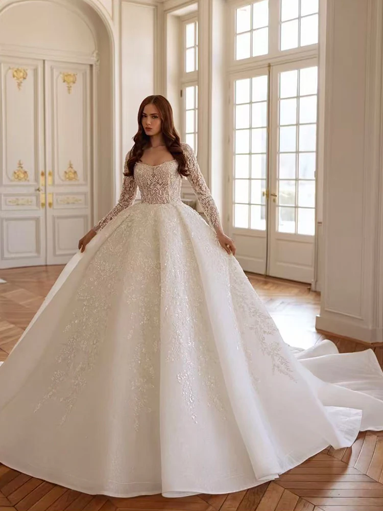 Блестящее свадебное платье с кружевной вышивкой и бисером, бальное платье принцессы с длинными рукавами и квадратным воротником, индивидуальное платье невесты на шнуровке