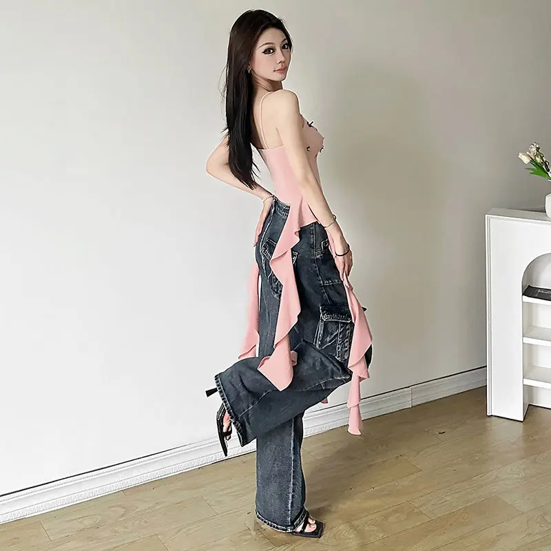 Y2k Cool Girl Dolce Rosa Temperamento Bretelle a nastro irregolari Estate femminile Fiocco carino Slim Fit Personalità Versatile Top corto