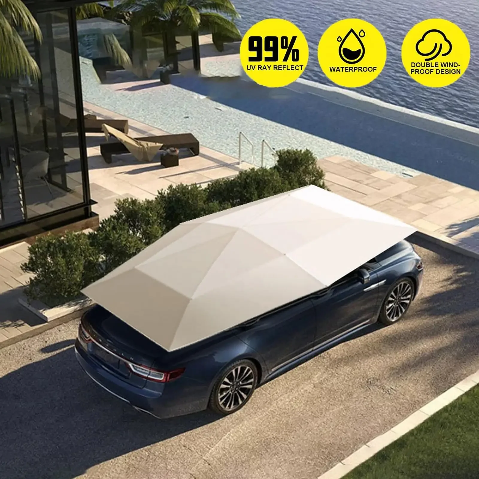 Ombrellone Parasole per Tetto Auto, Telo Copriauto Antipolvere e Anti-UV, Impermeabile per Esterni, Pieghevole e Portatile