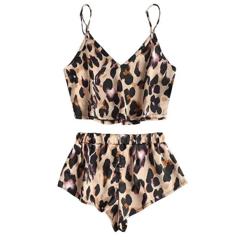 

Sexy Women Silk Satin Pajama Sets Leopard Print Sleepwear Lingerie Spaghetti Strap Nightwear High Waist Shorts