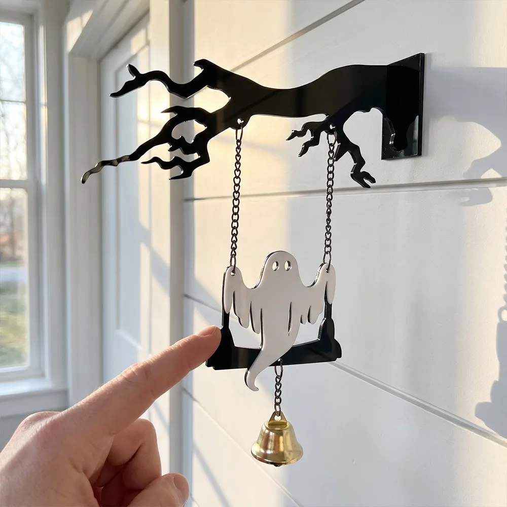 Wall Mounted Halloween Ghost Swinging Doorbell Acrylic Sounding Bat Doorstep Bells Decorative No-drill