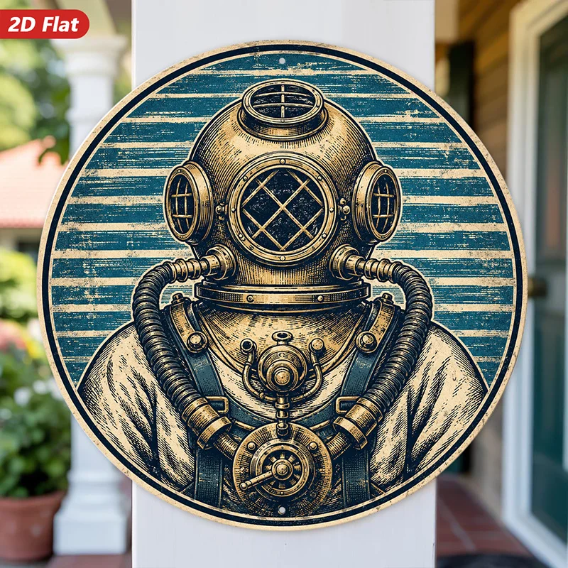CIFBUY Vintage Diver Helmet Round Metal Sign Retro Nautical Steampunk Distressed Blue Stripes Waterproof Durable Aluminum Wall A