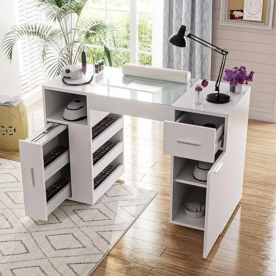 

Nail Salon Equipment Manicure Table Nail Desk With Dust Collector White Nail Polish Rack Drawers Table
