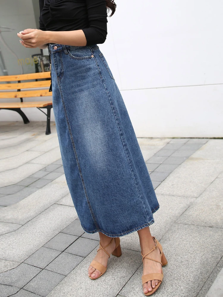 Denim Skirt Long Women Blue Solid A-line Skirts Fashion Lady Streetwear Casual Pocket High Waist Jeans Skirt Office Maxi Skirt