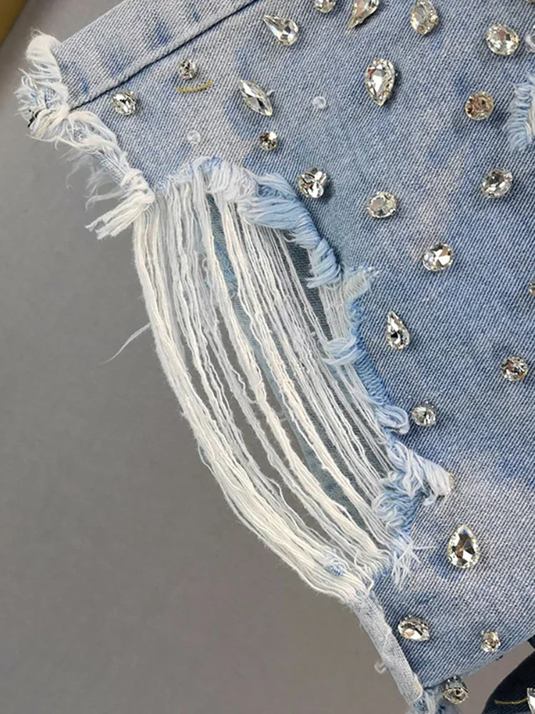 Vaqueros cortos para mujer, cintura alta, diamantes desgastados, borla, pierna ancha holgada, pantalones cortos vaqueros de lujo, moda Primavera 2025, faldas Y2k