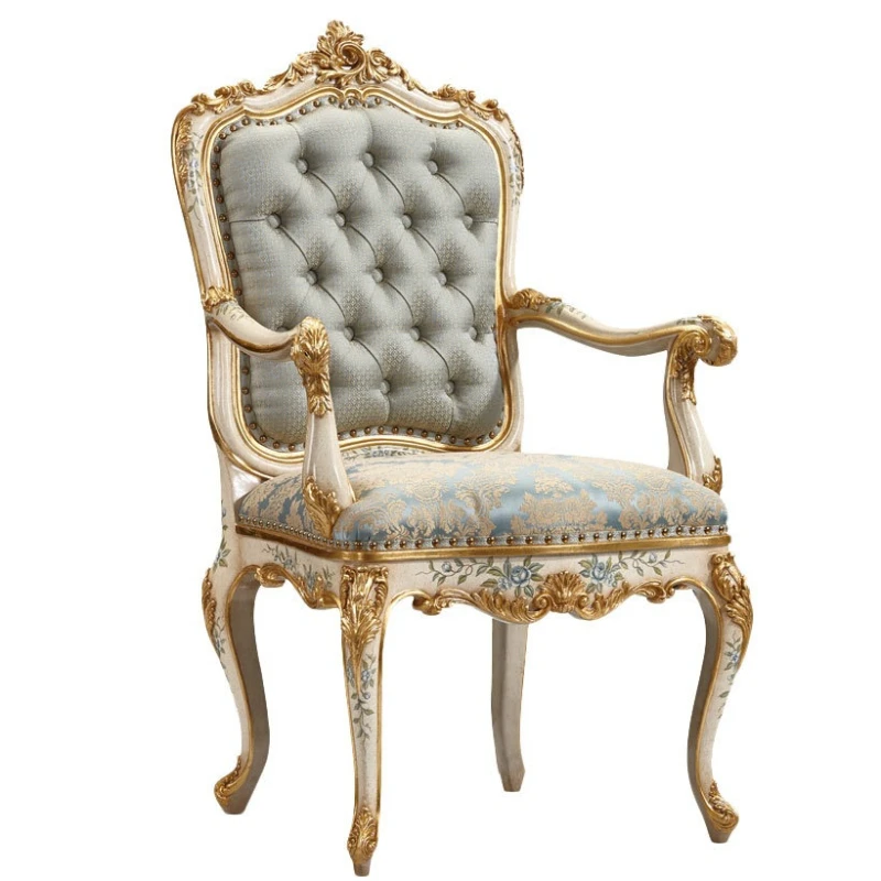 

French solid wood dining chair high backrest leather all solid wood armrests household high-end luxury chair