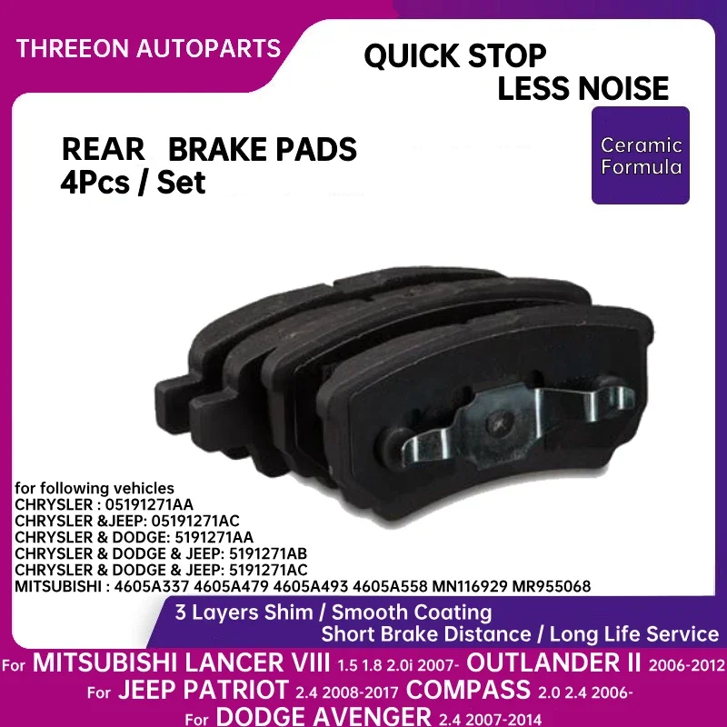 THREEON Ceramic Rear Brake Pad for MITSUBISHI LANCER VIII 2007- OUTLANDER II for JEEP PATRIOT COMPASS DODGE AVENGER 2.4 2007-14